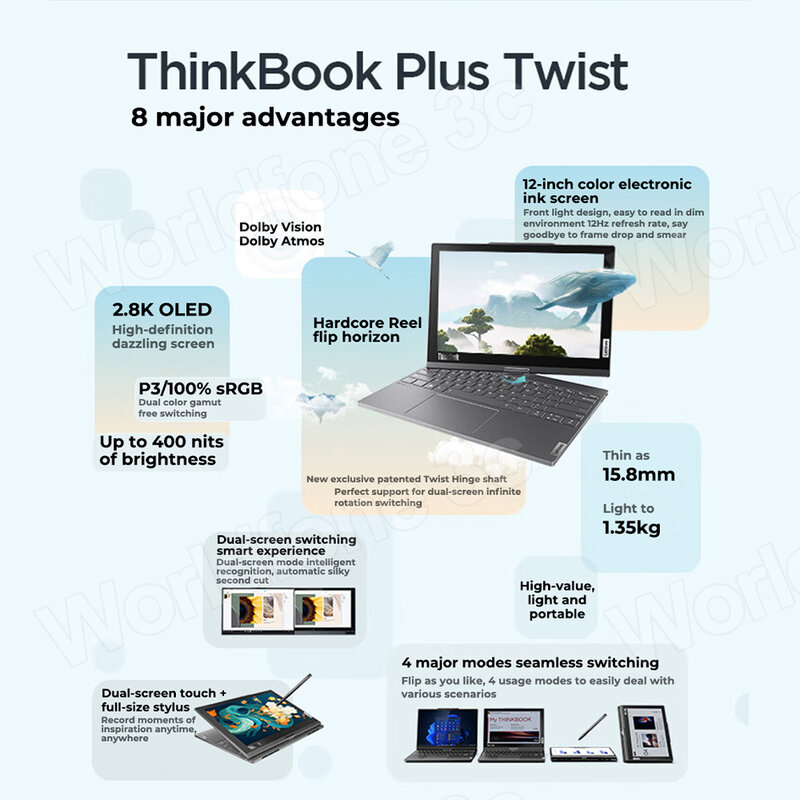 Lenovo-thinkbook Plus Twist 2023ラップトップ,intel i7-1355U, 13.3インチ,2.8k,oledタッチスクリーン,12インチ,デュアルスクリーン,スリムノートブック,PC