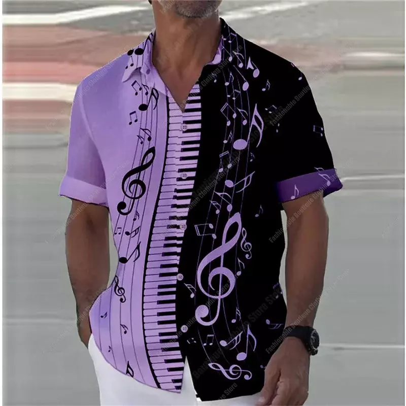 Kemeja pria musim panas, kaus berkerah lengan pendek ukuran besar mode jalanan cetak 3D catatan musik piano XS-5XL