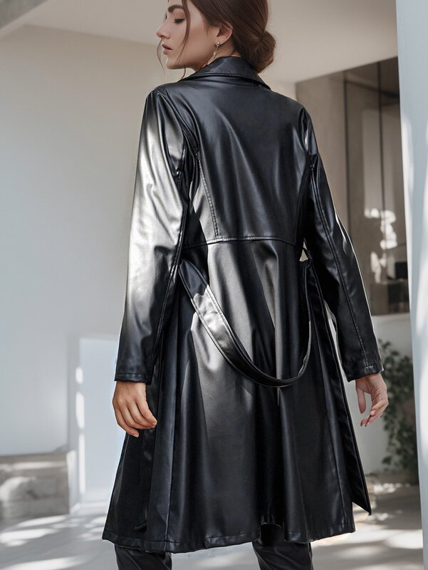 Vangull-Mid Length Jaqueta de couro PU para mulheres, lapela casual, Casacos de manga comprida, roupa sólida