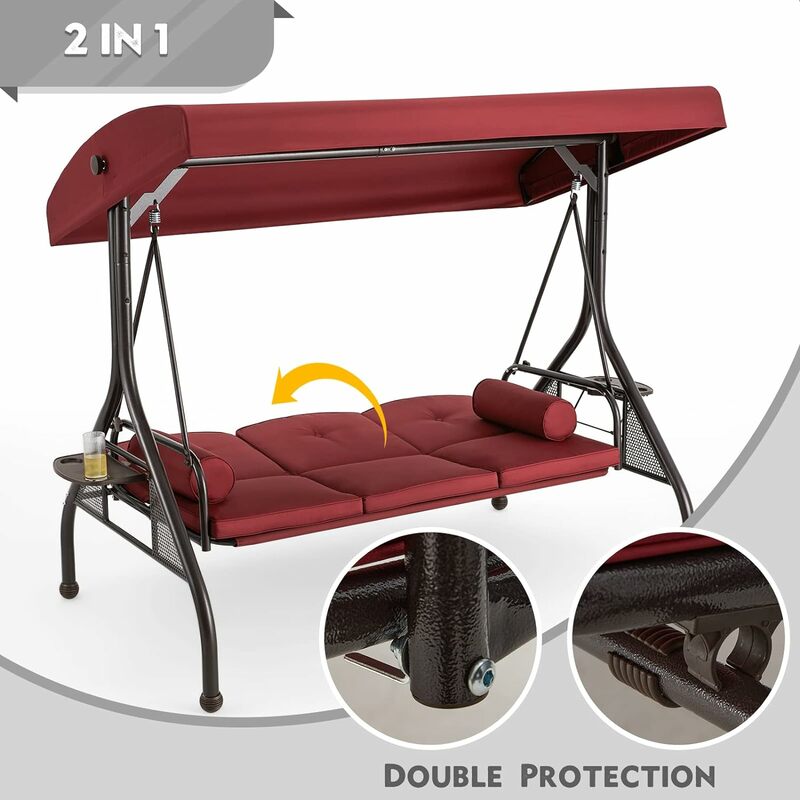Ajustável Canopy Porch Swing com Suporte, Balanços ao ar livre, Cadeira Pátio Glider, Engrossar Almofadas, 3 Assento