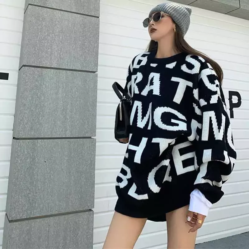New Pullovers Women Autumn Winter All-match O-neck Letter Harajuku Loose Slim Simple Casual Korean Style Fashion Female Sweaters