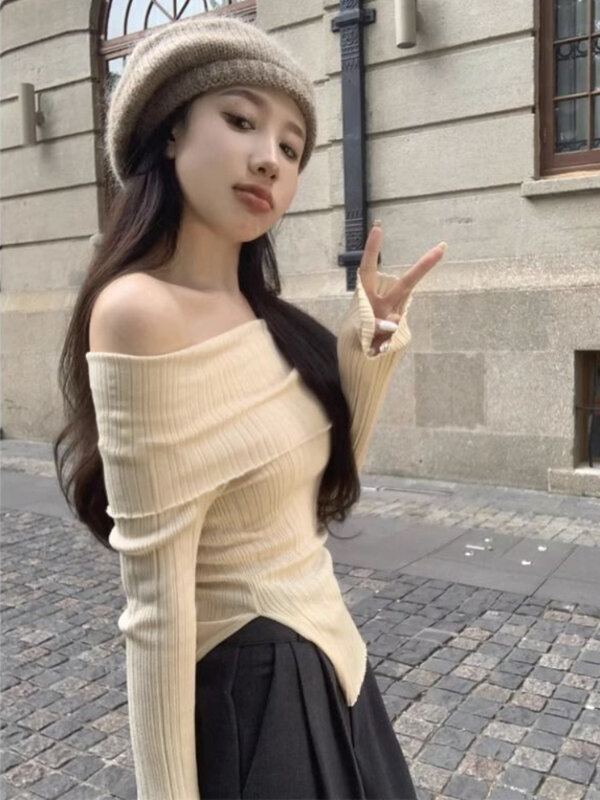 Deeptown koreanische Mode schwarz Strick pullover Frauen Harajuku sexy schlanke schulter freie Pullover elegante lässige Crop Tops Streetwear
