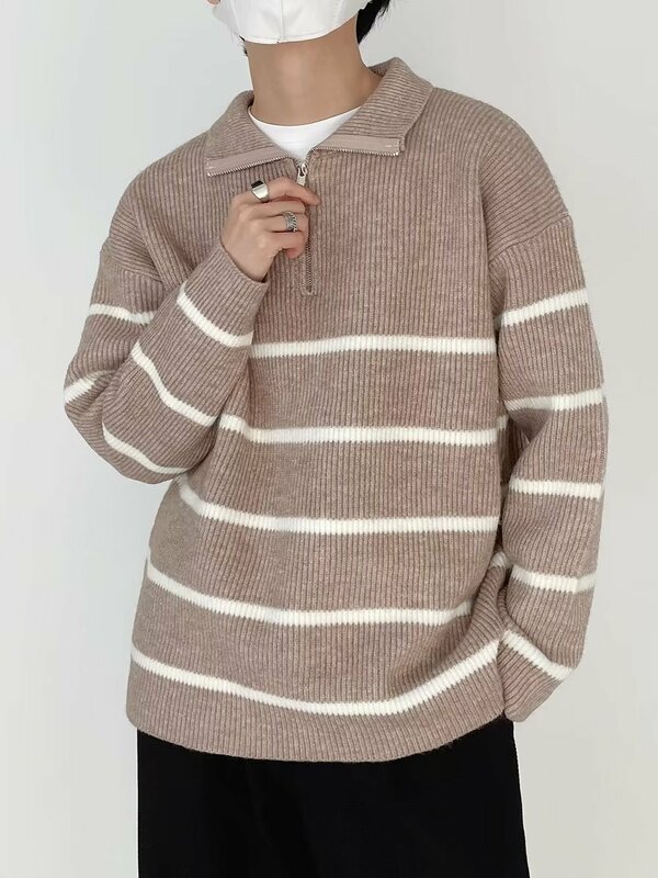Mantel bisnis ritsleting pria Sweater rajut mantel ritsleting jaket bergaris pullover berkerah kaos Mode Korea leher