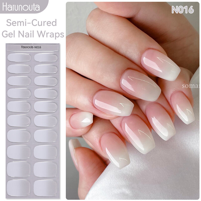 Harunouta Milky Jelly White Semi-cured Gel Nail Wraps 20Tips Fashion Color Long Lasting Full Cover Nail Gel Sticker Wraps Manicu