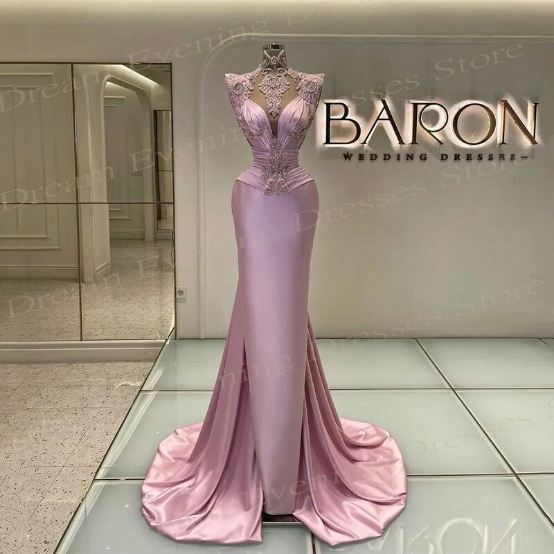Gaun malam Modern putri duyung merah muda populer gaun Prom manik-manik berlipat tanpa lengan menawan jubah applique renda wanita