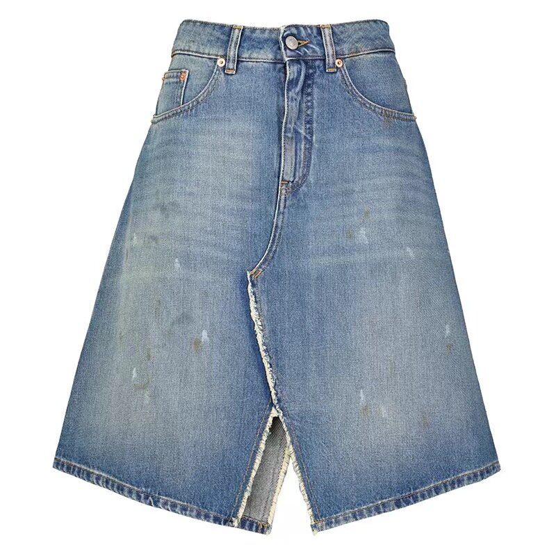 Женская джинсовая юбка с завышенной талией и разрезом