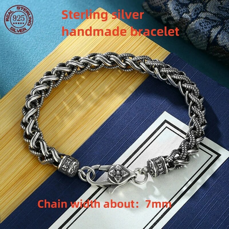 CHUANGCHENG-S925 Sterling Silver Bracelet para Homens e Mulheres, China-Chic Vajra Handwoven Bracelet, Fashion Retro Bracelet