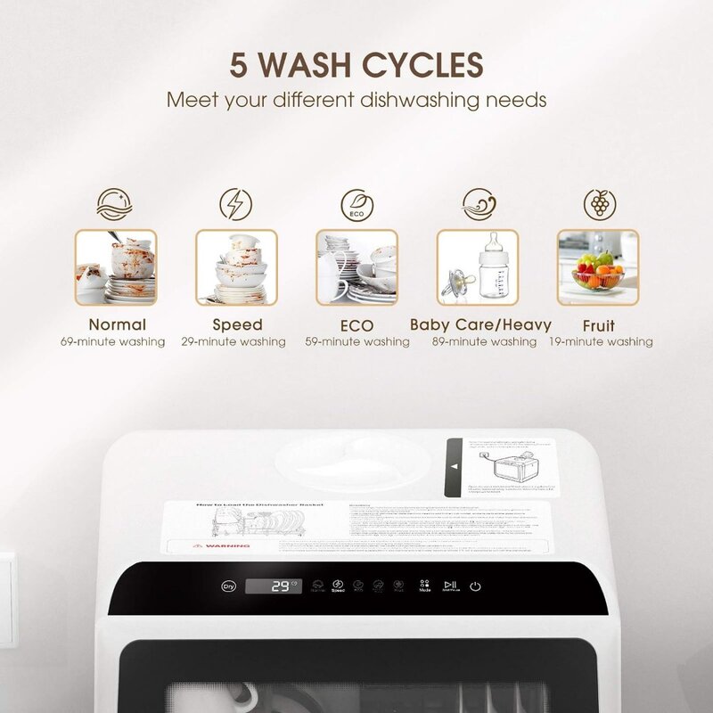 Mesin pencuci piring meja portabel, mesin cuci piring kompak dengan tangki air & selang Inlet bawaan 5 L, 5 program cuci, perawatan bayi