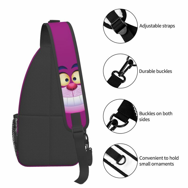 漫画アニメクロスボディショルダーバックパック、笑顔のチェシャ猫スリングチェストバッグ、カスタム旅行デイパック