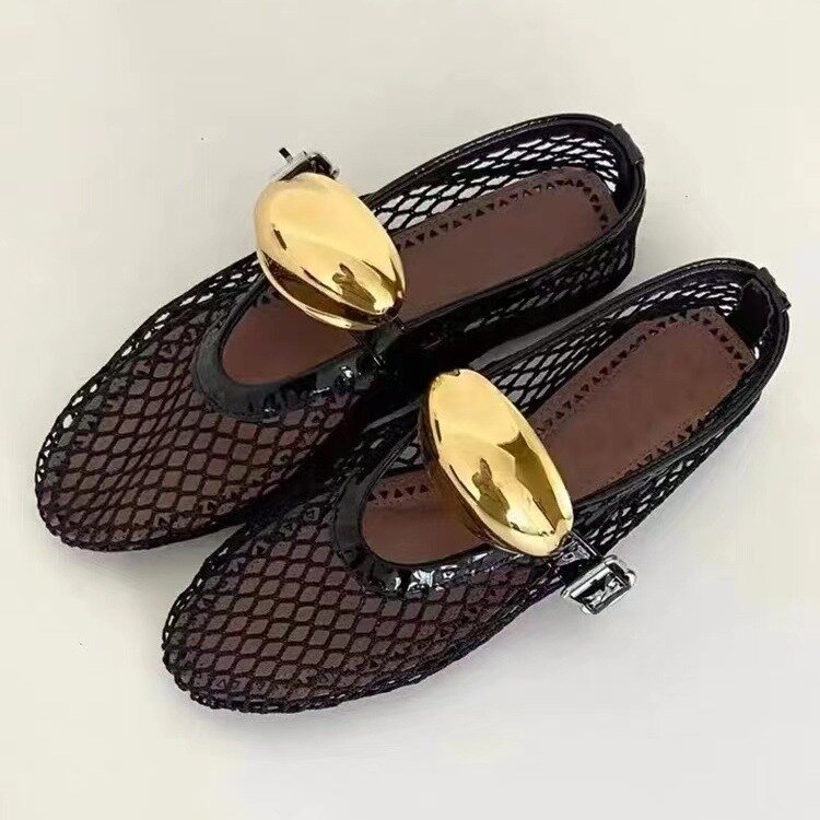 Red Metal Buckle Fishing Net Hollowed Out Flat Bottom Ballet Shoes with A Straight Line Strap Mary Jane Women's Shoes Sandals