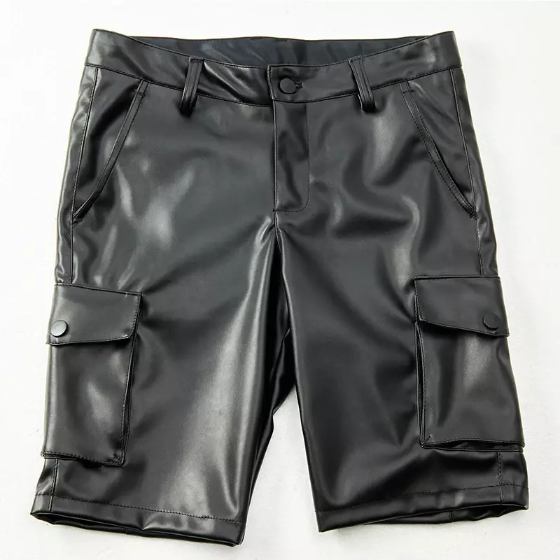 Calções de motociclista de couro falso dos homens, estiramento PU calças de carga com bolso, casual ajuste reto calças quentes, Clubwear personalizado, novo