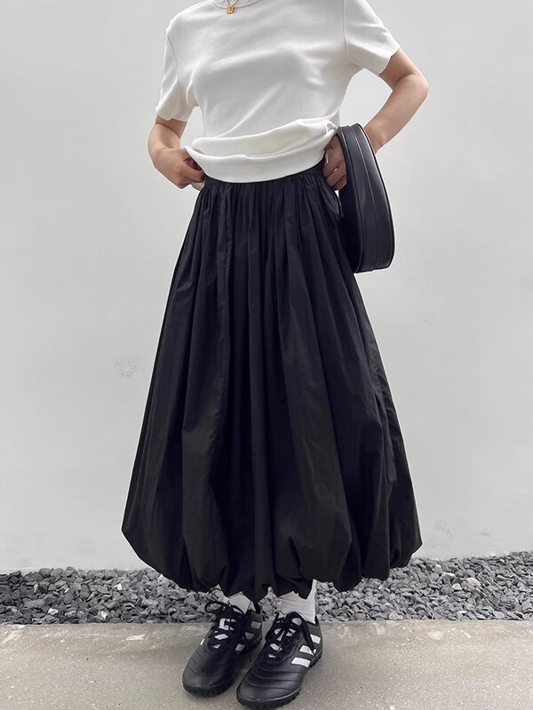 HOUZHOU Long Skirt Women Elegant Solid Elastic Waist A-line Vintage Korean Fashion Loose Balloon Maxi Skirt Casual Streetwear