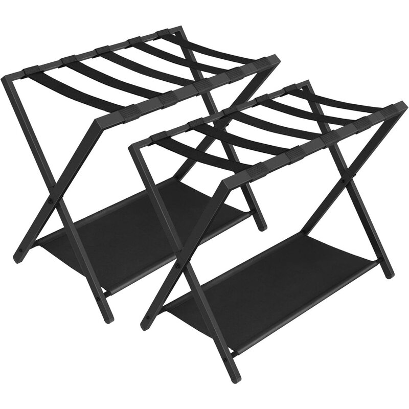 2 Pack Folding Luggage Rack - Luggage Stand for Guest Room Foldable, Suitcase Holders with Storage Shelf, Steel Frame