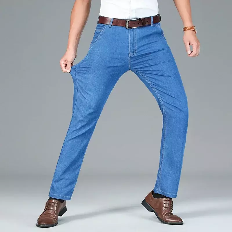 2024 primavera estate Jeans da uomo dritti dalla vestibilità leggera abiti da lavoro classici pantaloni Casual elastici a vita alta in cotone sottile