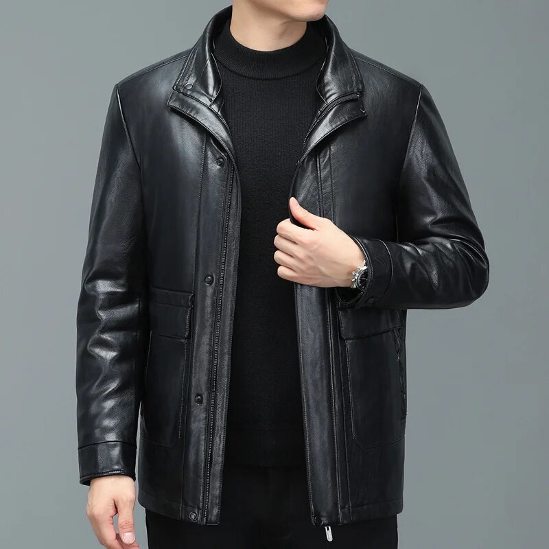 Casaco de couro e pele engroçado integrado masculino com gola de lapela, jaqueta genuína, ZDT-8038, novo, inverno