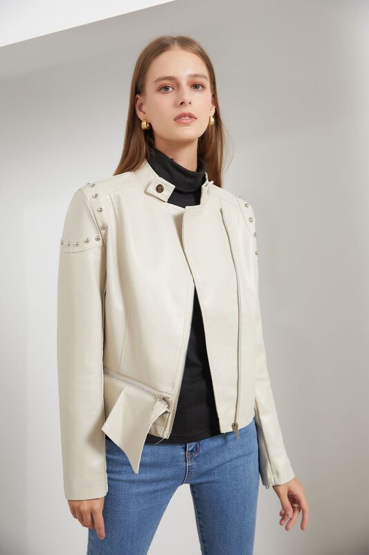 2024 baru Rivet Fashion kerah berdiri mantel kulit wanita warna Solid jaket wanita musim semi dan musim gugur mantel wanita keling