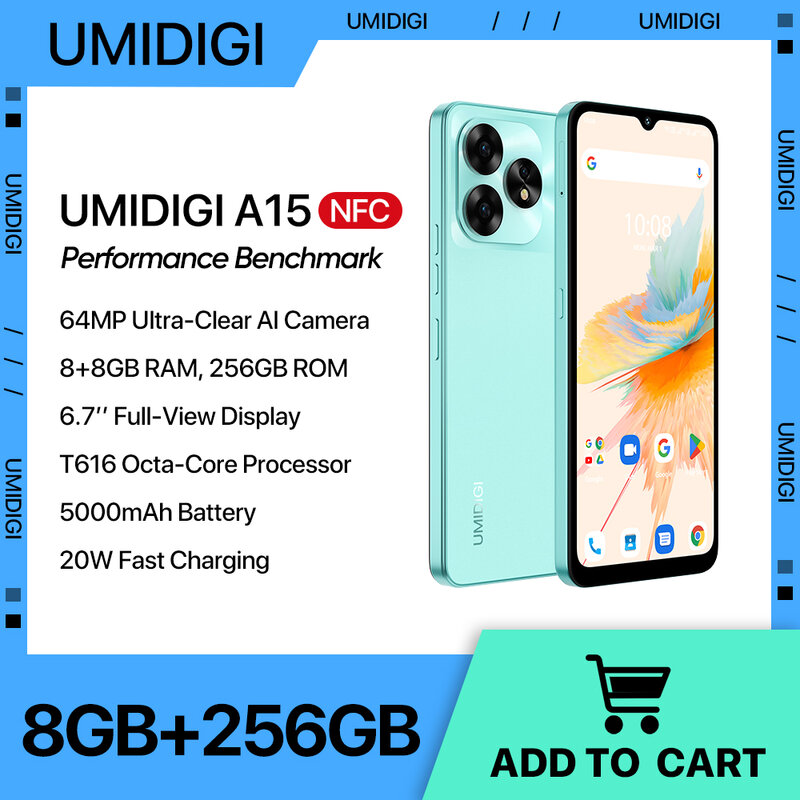 UMIDIGI-A15 A15C Smartphone, Celular NFC, Android 13, 6.7 "FHD + Tela, 8 GB, 256GB, Câmera 128 GB, 48 MP, 64MP, 5000mAh
