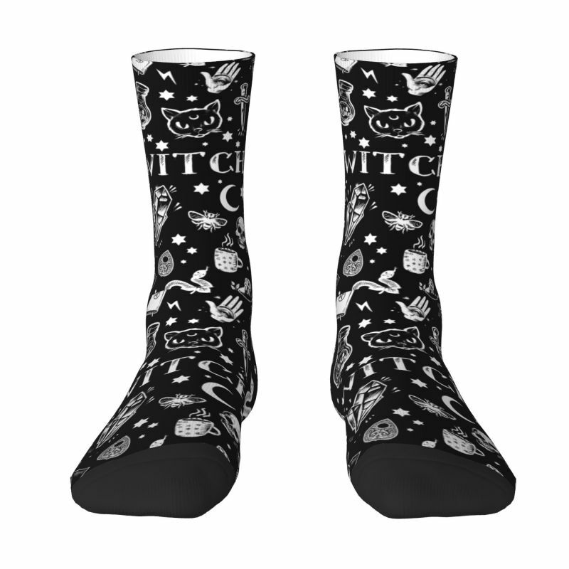 Calcetines de vestir con estampado 3D de bruja para hombre, medias cálidas transpirables para Halloween, calcetines de tripulación mágicos góticos ocultos, novedad