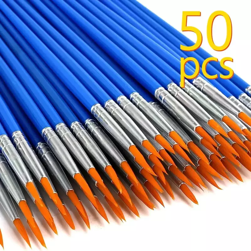 50pcs Flat & Pointy Nylon Painting Brushes for Various Purpose Oil Watercolor Painting Artist Professional Kits.