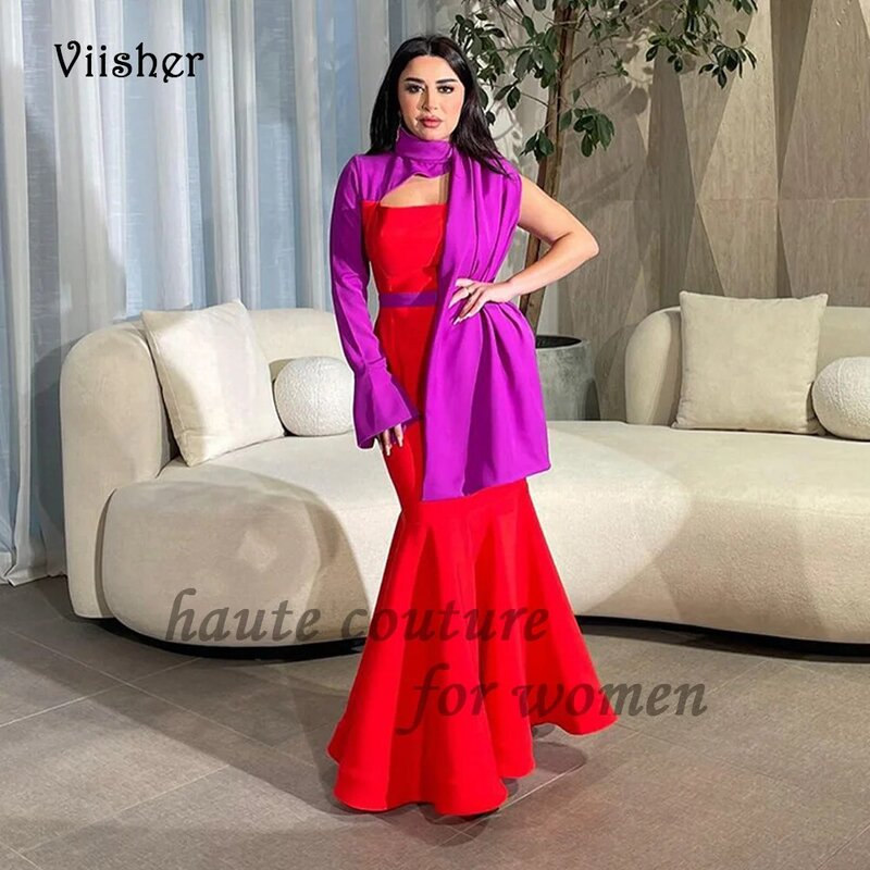 Red Purple Mermaid Evening Dresses One Sleeve High Neck Dubai Arabic Prom Dress Floor Length 2024 Formal Occasion Dress