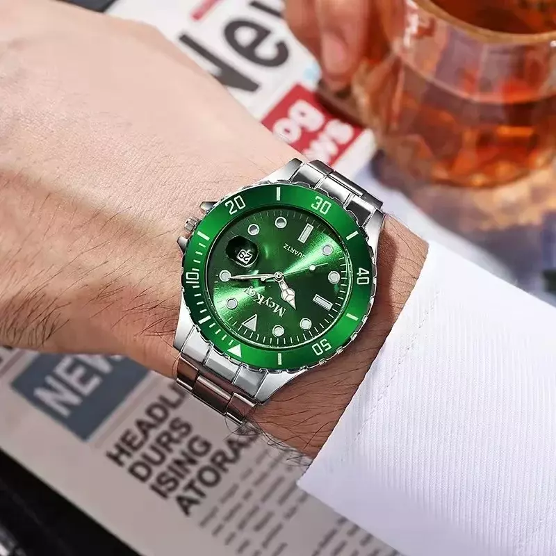 Orologio al quarzo con cinturino in acciaio di marca di lusso da uomo di alta qualità di alta qualità, orologio da uomo di lusso classico verde retrò