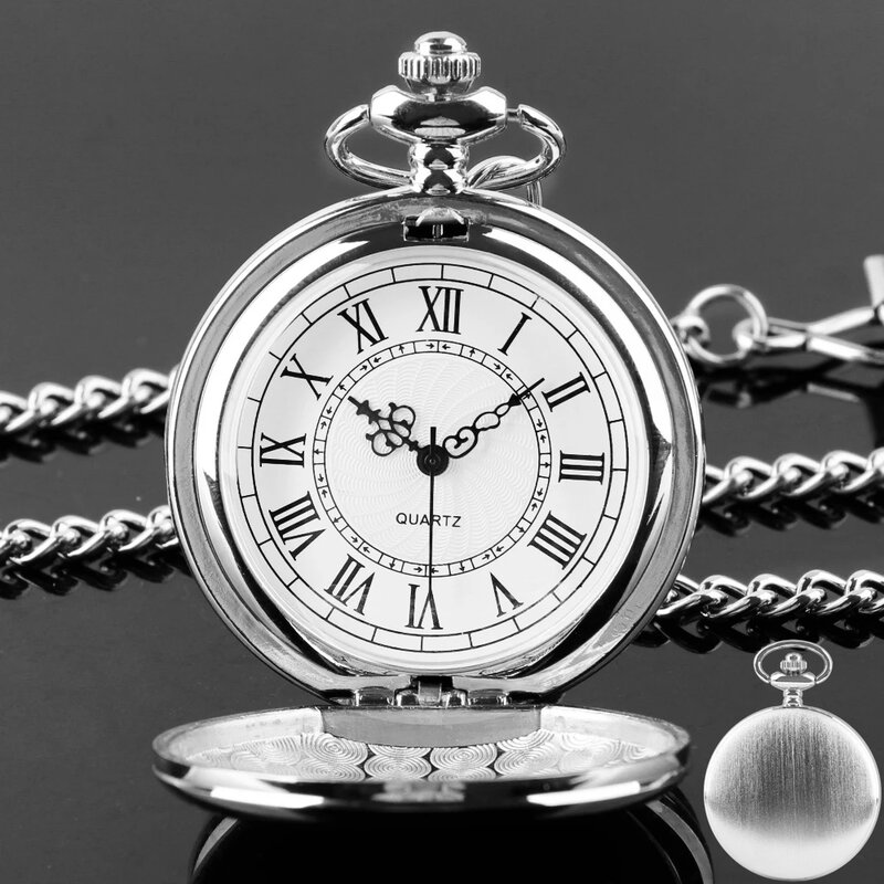 Luksusowa gładka srebrna zawieszka zegarek kieszonkowy nowoczesny z cyframi rzymskimi zegar analogowy mężczyźni i kobiety modny naszyjnik łańcuch Unisex prezent