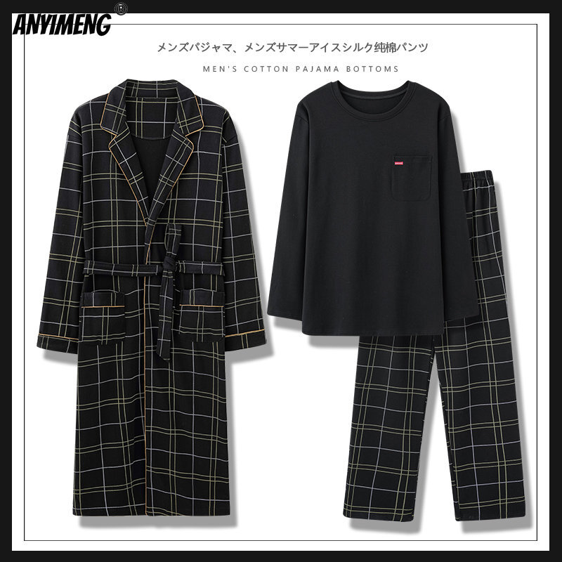 Novo outono inverno moda masculina 3 pçs robe + pijamas plus size 4xl conjunto de pijama xadrez robe longo sleeved pijamas de algodão macio