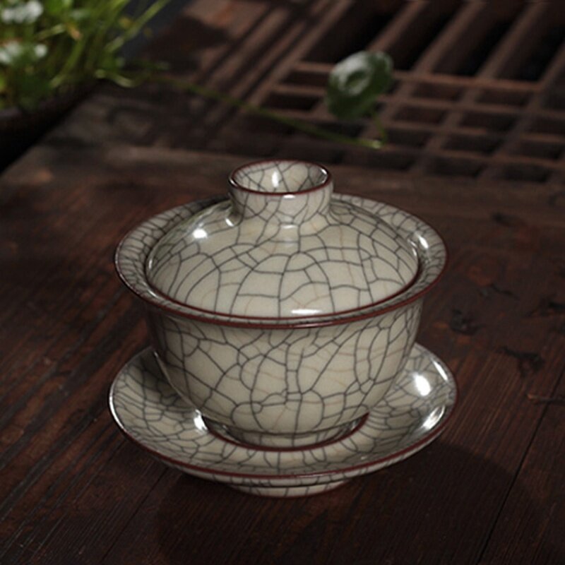 Four à transfert en céladon, Boutique Ye Weide Master, trois pièces en céramique, Gaiwan Ice Crack, pour préparer le thé en fil d'or