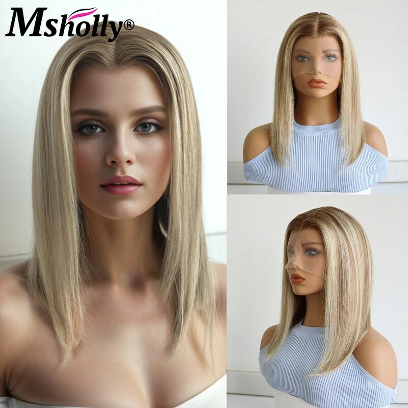 Podkreślanie koloru jesionowego blond krótkie proste peruki z ludzkich włosów wstępnie oskubane peruki 13x4 HD przezroczyste koronkowe peruki z przodu dla kobiet