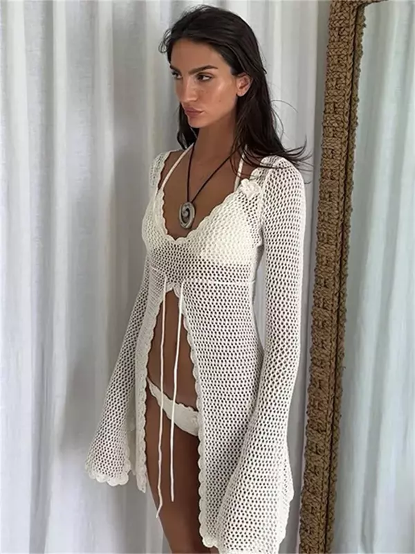 Whitte Hollow Out Knitwear Cover up Beach Female Dress Long Sleeve Lace-Up Scoop Neck Loose Mini Dress Female Clothes 2024