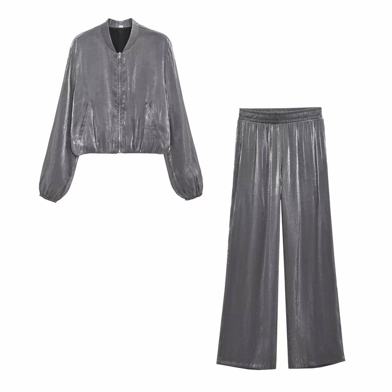 European and American Women's Metal Foil Silk Satin Texture Pilot Casual Pants