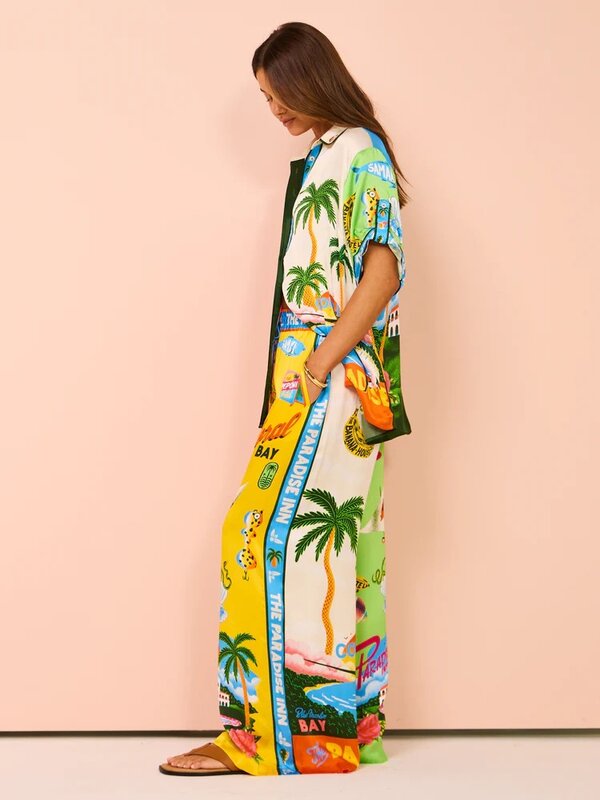 Completo di pantaloni con stampa alla moda due pezzi per donna elegante bottone monopetto con risvolto nuovo In set coordinati Lady Beach Bohemia Outfit