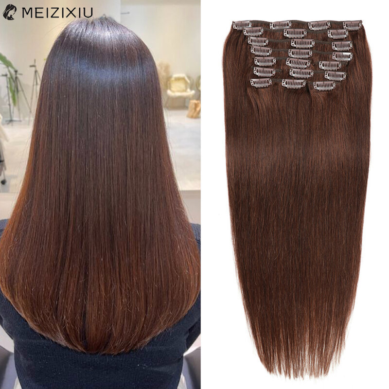 Clip In Hair Extensions For Women Double Weft Clip-On HairPiece Clip In Human Hair Extensions 100% Remy Hair Brown 16 to 24 Inch