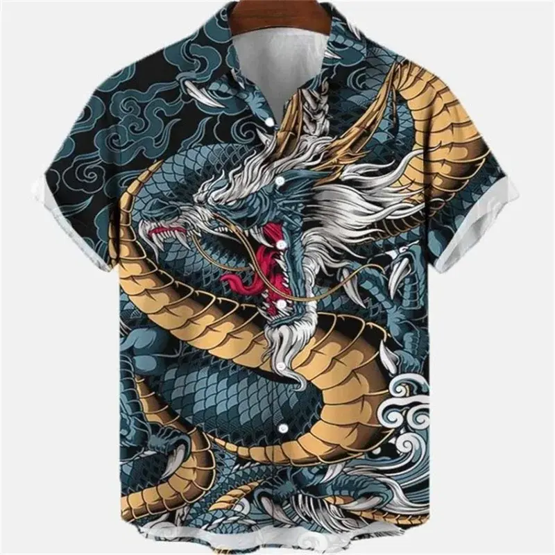 Camisa hawaiana Vintage para hombre, camisa de manga corta con patrón de dragón, informal, Social, ropa de calle de gran tamaño, novedad de verano, 2023