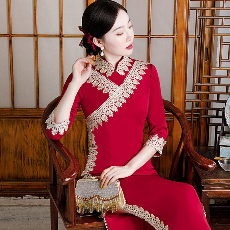 الصينية التقليدية الدانتيل تشيباو فستان للنساء ، حجم كبير ، 4XL ، شيونغسام ، اليوسفي طوق ، أنيقة ، ضئيلة ، مثير ، خمر