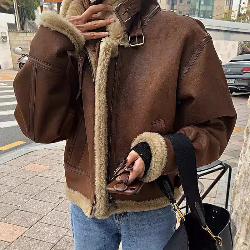 Manteau court en laine d'agneau pour femme, veste de moto en velours, version coréenne, fourrure épaisse, peau de cerf ample et polyvalente, hiver