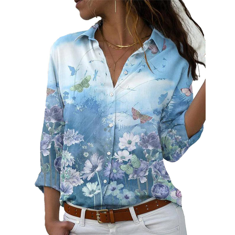 Рубашка Женская эластичная с V-образным вырезом и цветочным принтом