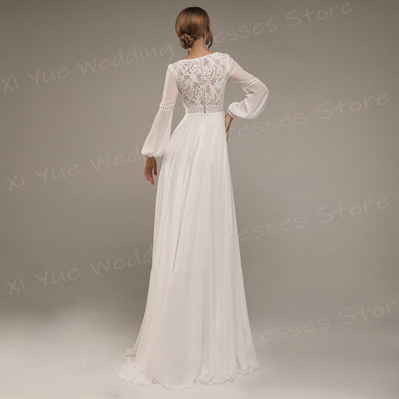 Proste, nowoczesne damskie suknie ślubne z okrągłym dekoltem w szpic koronkowe aplikacje suknie ślubne całkiem długi rękaw bufka przedsionek Noivas