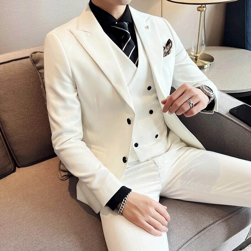 Men Double Breasted Vest Suit Trousers / 2023 Business Formal Dress Slim Fit Groom Wedding Dress Blazers Jacket Pants 3 Pcs Set