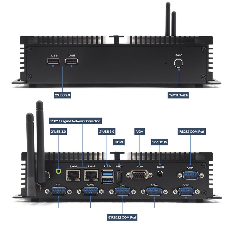 Mini PC industriale Intel Core i5 4200U HDMI VGA RS232 RS485 COM Linux Windows 10 supporto per Computer Desktop 3G/4G
