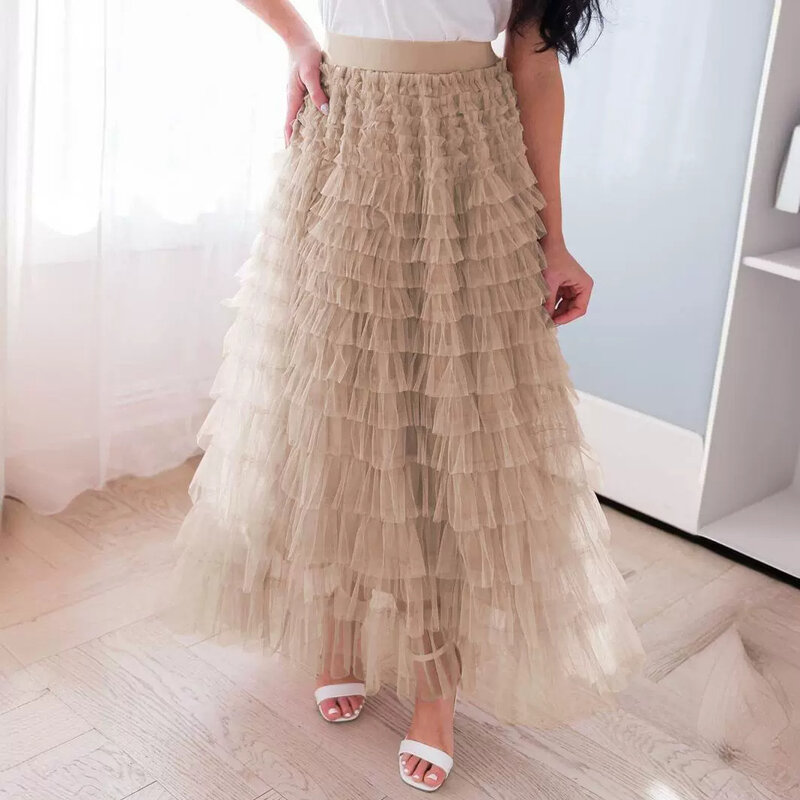 New Ladies Long Dress Elegant Solid  High Waist Mesh Cake Skirt Fluffy Half Skirt Dresses Women