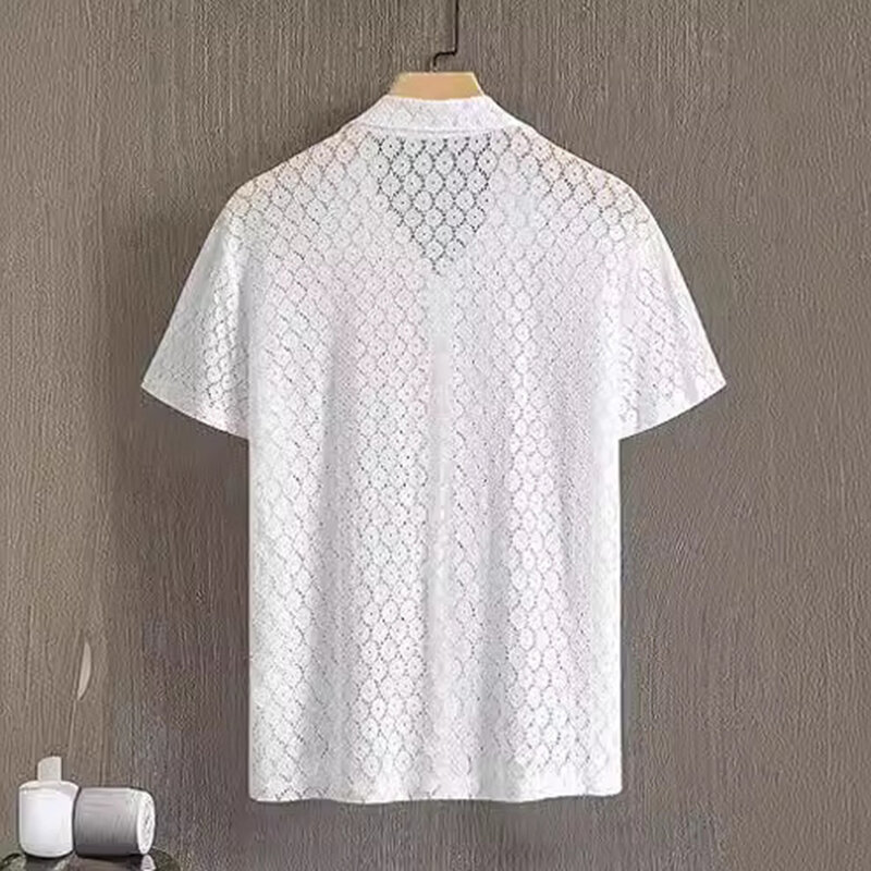 Camisa de praia casual de manga curta, Hollow Out Mesh Tops, camisa de lapela exterior, branco simples, sexy, S-2XL