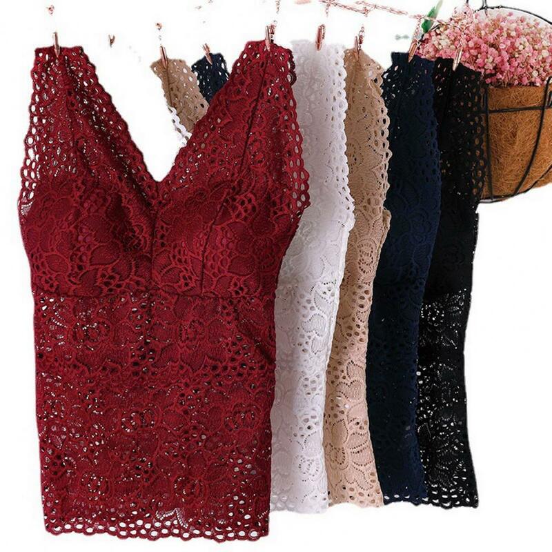 Tank Top V-neck Padded Vest  Spaghetti Straps All-Match Sexy Lace Long Bra Crochet Vest Inside Wear
