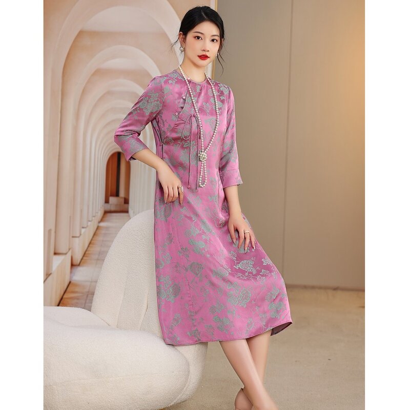 High-end primavera verão vestido feminino retro elegante jacquard tecer uma linha senhora festa hanfu vestido de chá roupas S-XXL