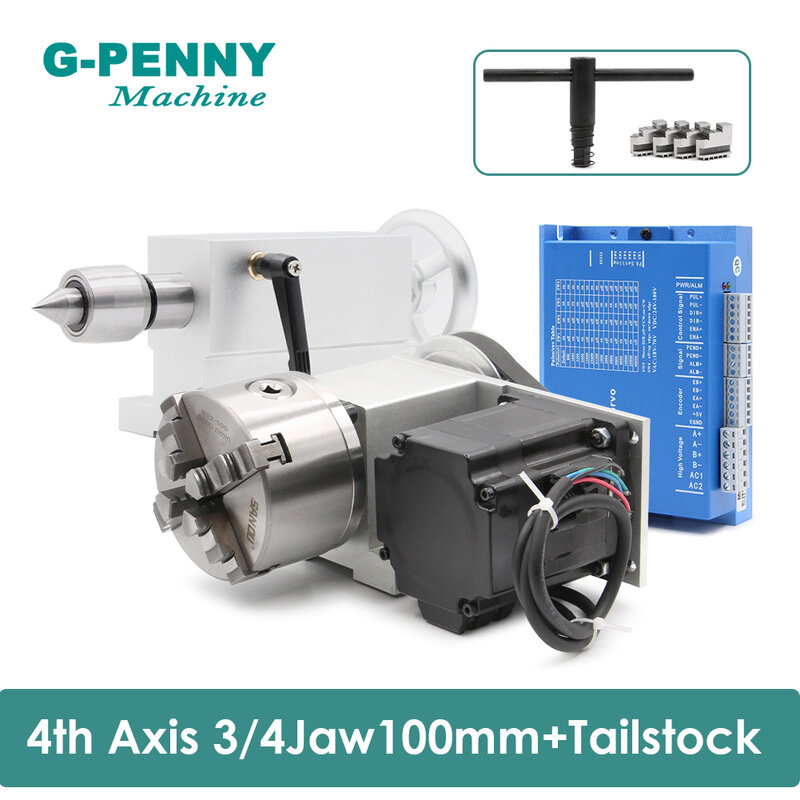 3/4Jaw 4th Axis 100mm Nema23 86HS45N & HBS86H Closed loop stepper motor with Tailstock CNC Dividing Head Rotation/A axis Kit