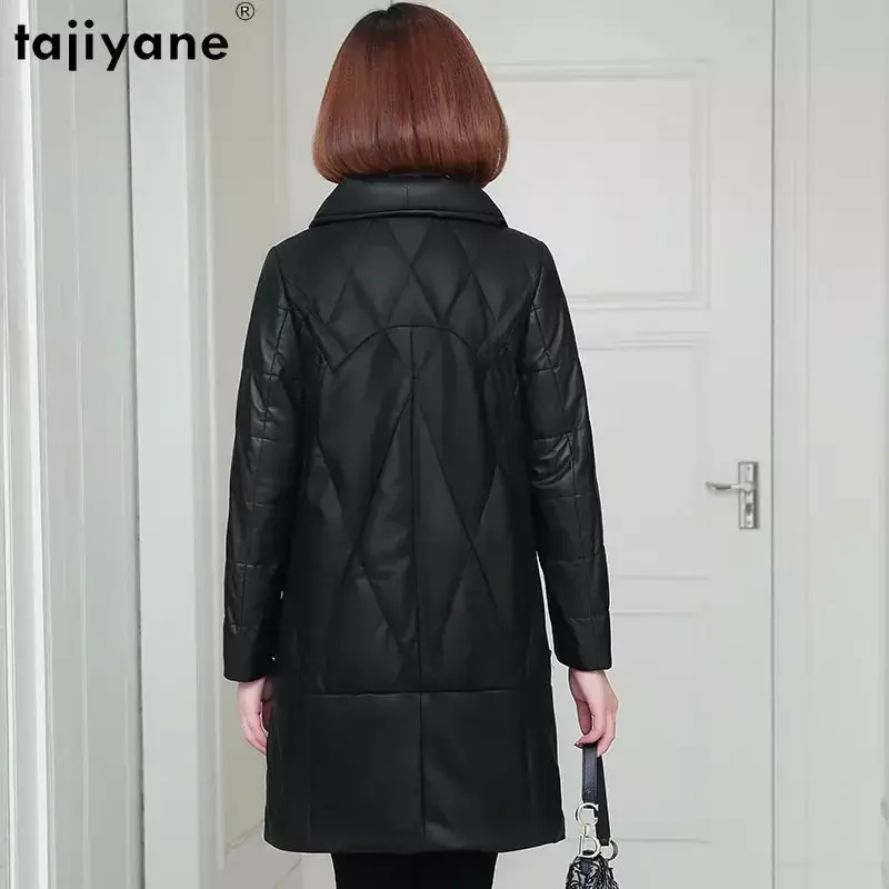 Tajiyane Veste en cuir véritable pour femme, manteau en peau de mouton véritable, vestes en cuir noir, combinaison de duvet pour femme, mi-long, hiver et automne