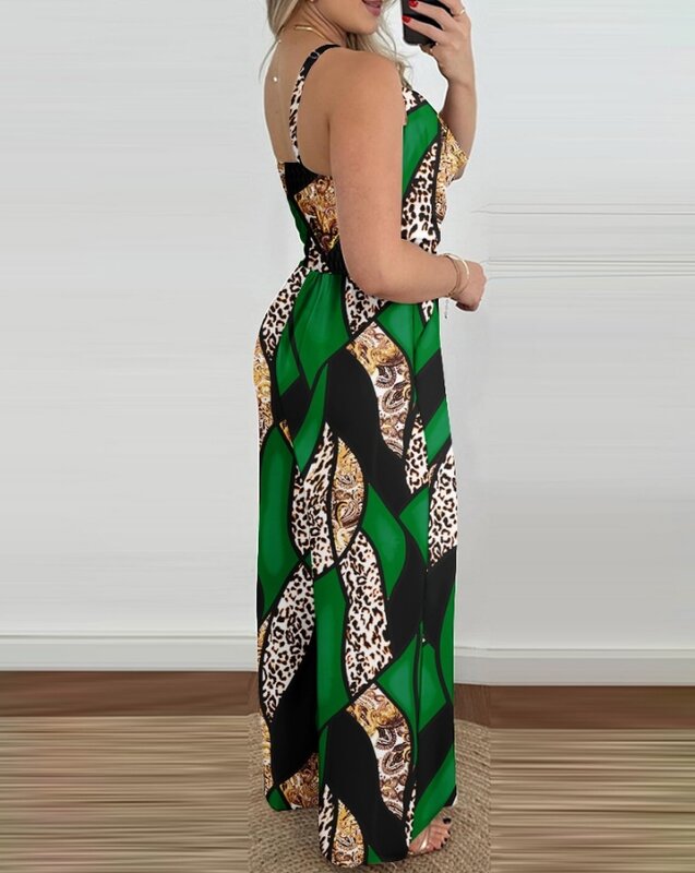 Elegante donna 2024 estate barocca stampa leopardo con scollo a v Backband senza maniche a vita alta gamba larga moda Casual tuta lunga