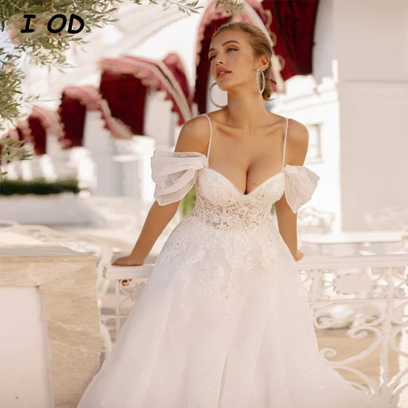 I OD A Line Tulle Wedding Dress Sexy V-Neck Spaghetti Straps Applique Lace Up Back Bridal Gown Floor Length Vestidos De Novia