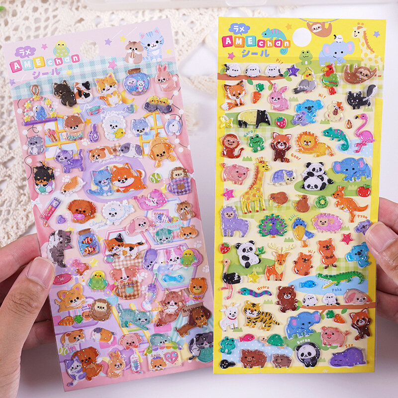 1Pcs Kawaii Cartoon Glittering Stickers Cute Animal Food Sticker Laptop Scrapbooking Notebook Decal For Kid Prize Gifts