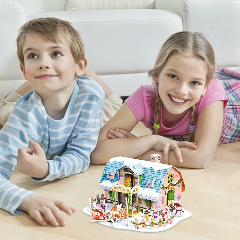 Kit Model dekorasi Natal puzzle 3D Natal, Kit Model Dekor Natal kota kecil tema adegan salju putih untuk anak dan dewasa
